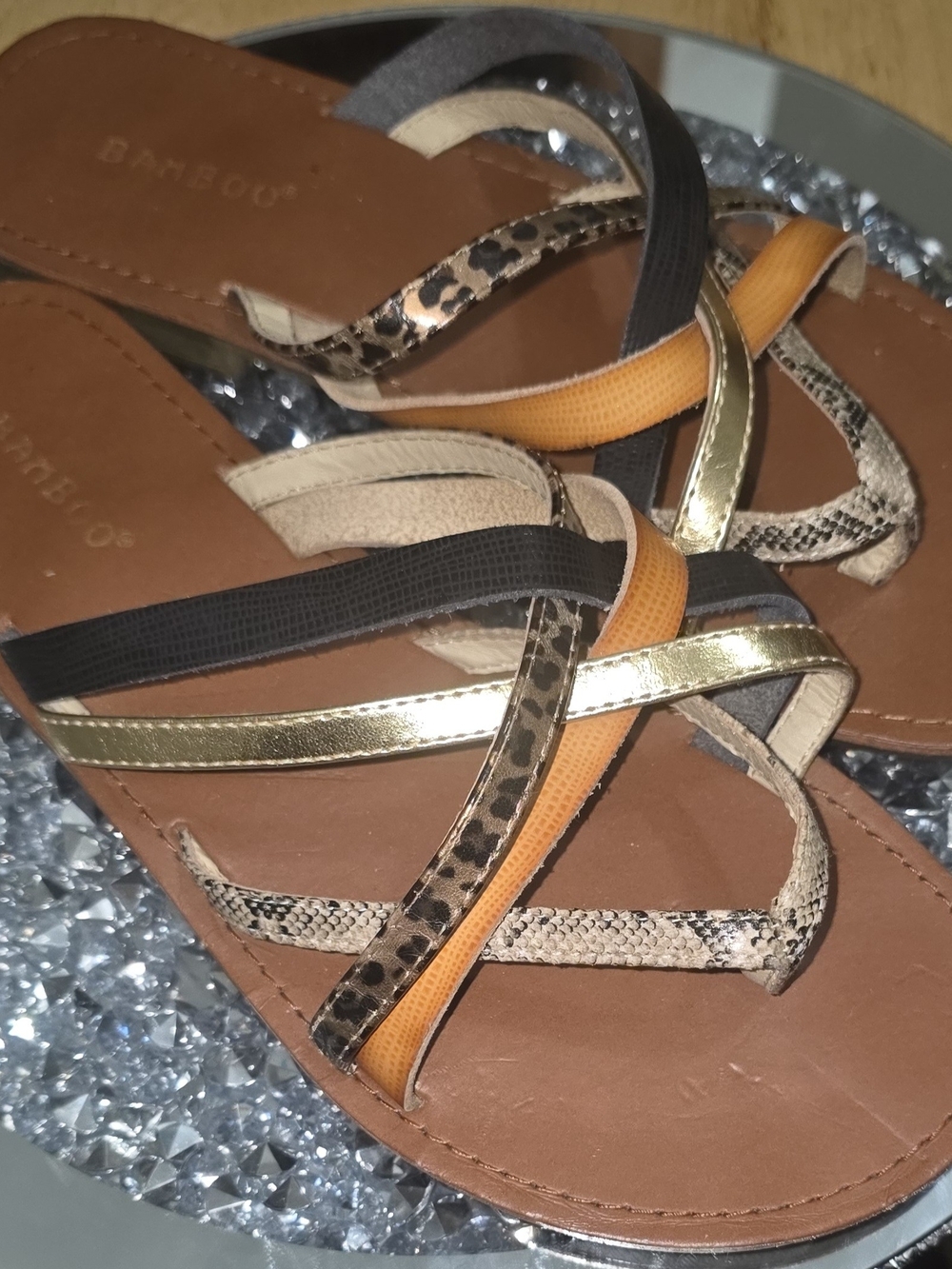 Bamboo Sandals Womens 7.5 Multi Strap Leopard Black Gold Tan